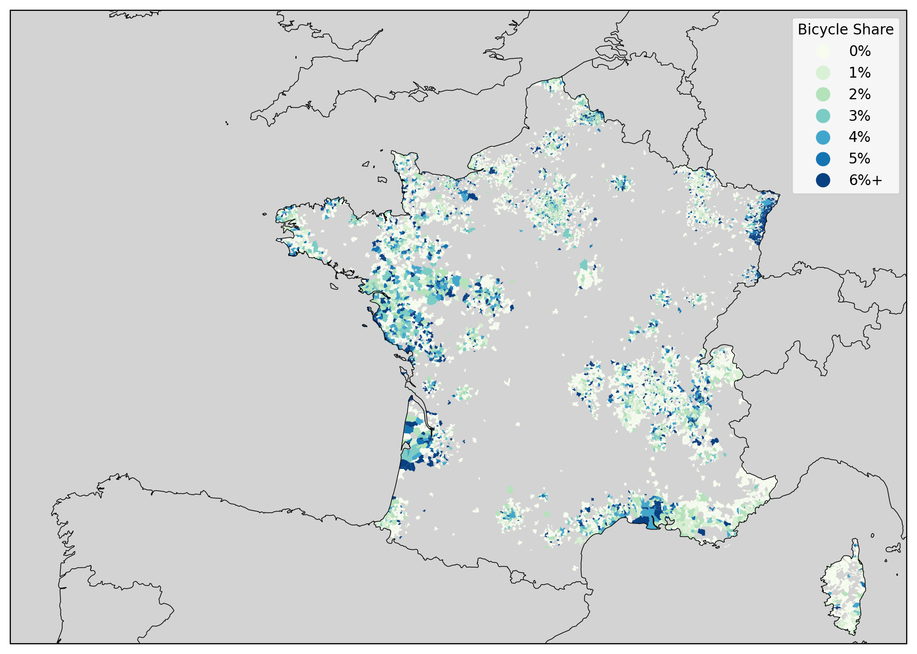 Map of bicycle share by INSEE municipality