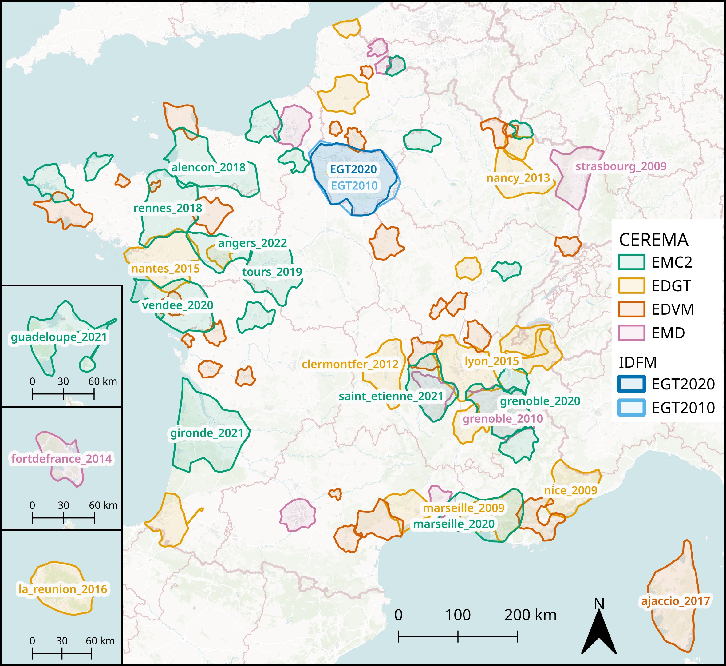 Map of all local surveys tested with MobiSurvStd